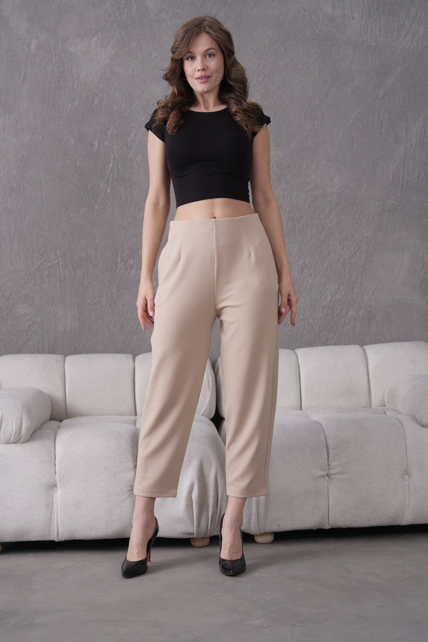 İthal Krep Kumaş Şalvar Model Balon Pantolon-Bej