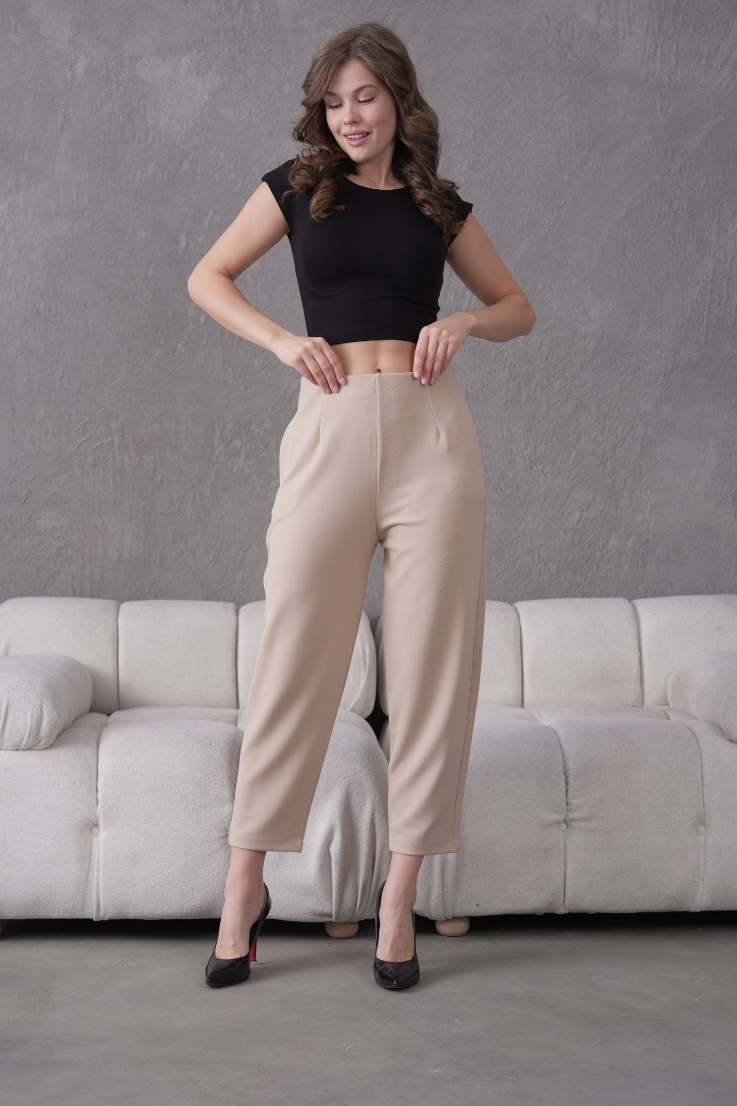 İthal Krep Kumaş Şalvar Model Balon Pantolon-Bej