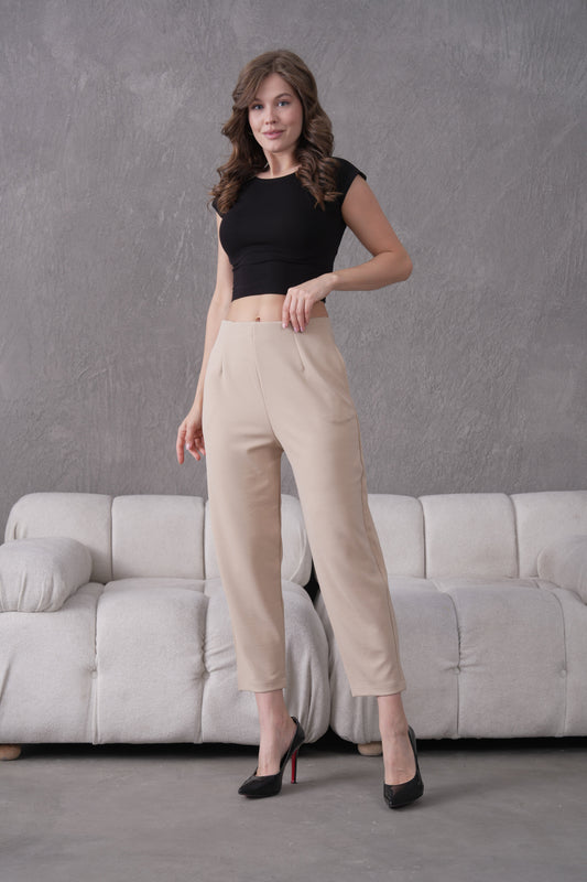 İthal Krep Kumaş Şalvar Model Balon Pantolon-Bej