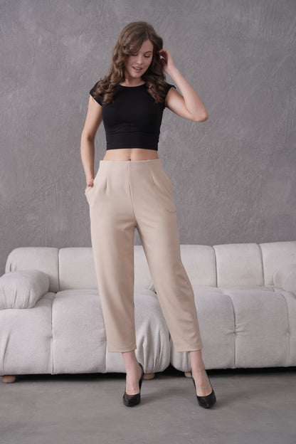 İthal Krep Kumaş Şalvar Model Balon Pantolon-Bej