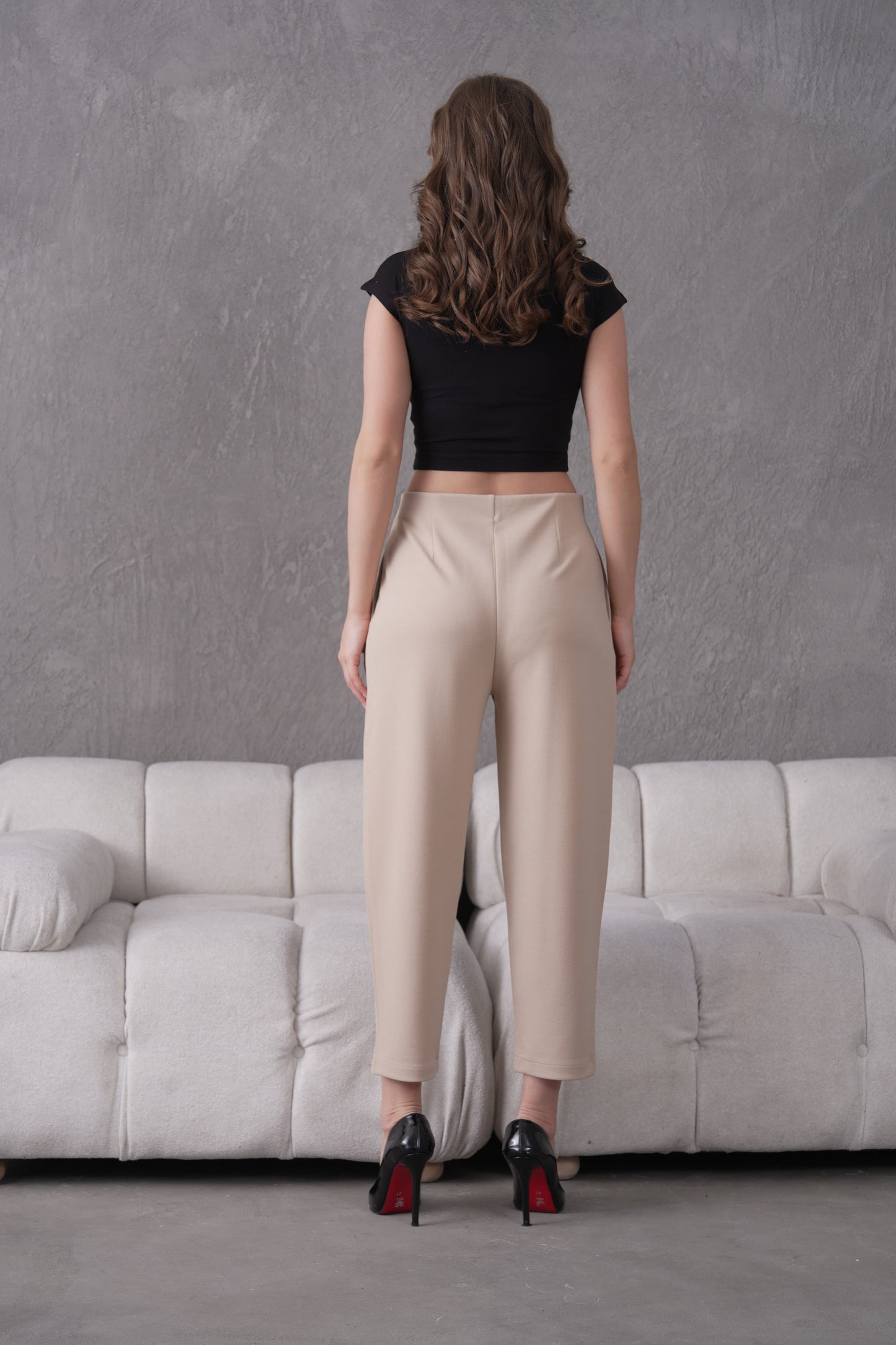 İthal Krep Kumaş Şalvar Model Balon Pantolon-Bej