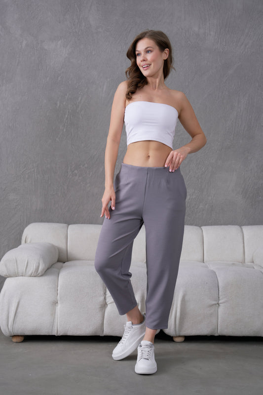 İthal Krep Kumaş Şalvar Model Balon Pantolon-Gri